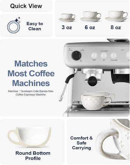 LE TAUCI Espresso Cups with Saucers 3 oz, Ceramic Embossment Coffee Cup for Double shot, Lungo, Ristretto,Dishwasher Safe - Set of 4, Arctic white