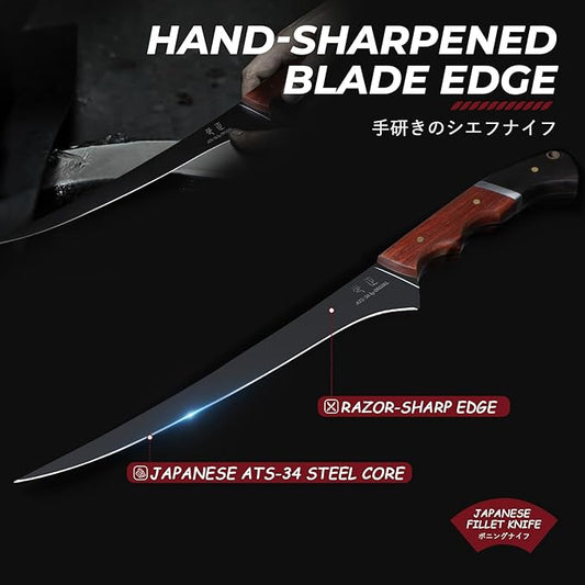 Fish Fillet Knife 7inch - Black Meat Slicing Knife in High Carbon Steel, Boning Knives for Meat Poultry Chicken Trimming, Fish Knives with Wooden Handle, Gift for Men