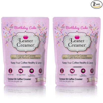 Leaner Creamer Coconut Creamer with Superfood Ingredients – Non-Dairy, Sugar-Free, Keto, Gluten-Free Powdered Coffee Creamer – Birthday Cake – 2-Pack Bundle – 280g Each