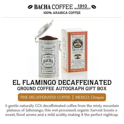 Bacha Coffee | El Flamingo Single Origin Decaffeinated Coffee, Autograph Collection, 100% Arabica Specialty Coffee, Ground Beans, Medium Dark Roast, 250g & 100% Natural Wood Fibre Paper Filters