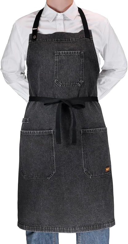 Cooking Apron with Pockets Mens Womens Professional Kitchen Bib Apron for Chef Grill BBQ (Black Denim -2)