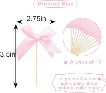 Pink Bow Cupcake Toppers,12 PCS Pink Birthday Decoration,Bow Themed Party Decorations Coquette Birthday Cake Decoration for Bachelorette Bridal Engagement Wedding Baby Shower Party Decor