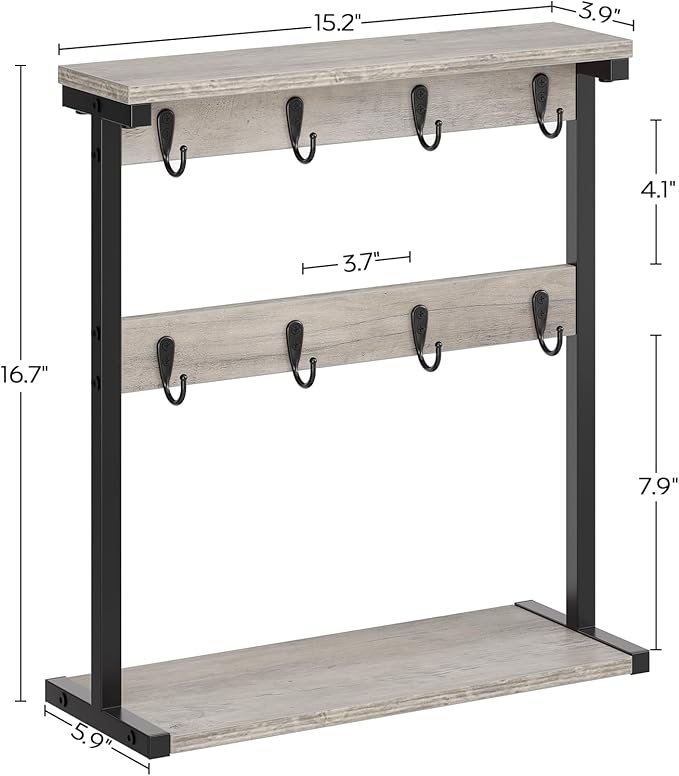 Coffee Mug Holder for Counter, 2 Tier Mug Tree Rack, with 8 Hook and 2 Open Shelves, Vintage Mug Holder Stand for Home Kitchen, Greige MH43BG