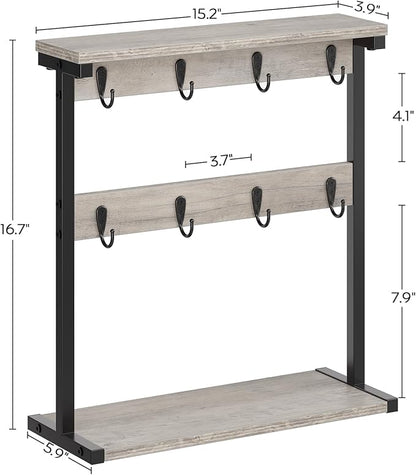 Coffee Mug Holder for Counter, 2 Tier Mug Tree Rack, with 8 Hook and 2 Open Shelves, Vintage Mug Holder Stand for Home Kitchen, Greige MH43BG