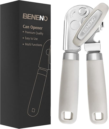 Beneno Can Opener Manual with Magnet, Hand Held Heavy Duty Can Opener with Durable Sharp Blade Smooth Edge, Big Effort-Saving Knob, Soft Grip Rubber Handle, Multifunctional Bottle Opener, Beige