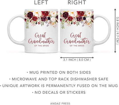 Andaz Press 11oz. Wedding Ceramic Coffee Tea Mug Gift, Fall Autumn Marsala Burgundy Flowers Roses Florals, Great Grandmother of the Bride, 1-Pack, Includes Gift Box