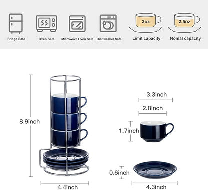 2.5 Ounce Porcelain Espresso Cups with Saucers and Silver Stand, Navy Stackable Cups Set of 4