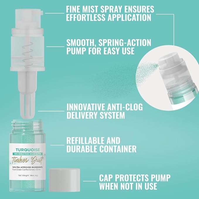 Bakell - Turquoise Tinker Dust (4g, 1x Mini Spray Pump) Edible Glitter for Food, Desserts, and Beverages!