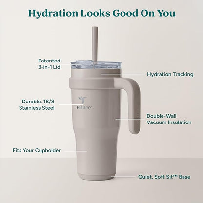 REDUCE 24 oz Stainless Steel Tumbler with Handle - Dual-Wall Vacuum Insulated Travel Mug, Sweat-Proof Lid & Reusable Straw - Keeps Drinks Cold for 24 Hrs, Fits Cupholders, Dishwasher Safe - Sand