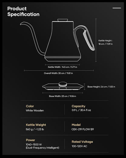 Cocinare FLOW B9 Gooseneck Electric Kettle, Precise Temperature Control for Pour-Over Coffee & Tea Brewing, Stainless Steel Interior, Rapid Heating for Boiling Water 1500W/0.9L (White Wooden)