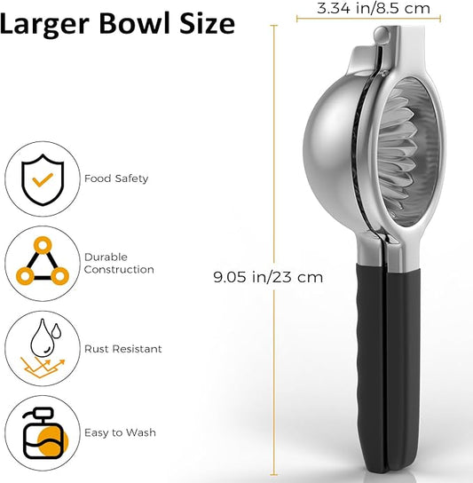 Stainless Steel Lemon Squeezer - Metal Citrus Juicer - Lime Lemon and Fruit Juicer with Silicone Handles - Large Manual Citrus Press Juicer - Hand Held Squeezer - Ergonomic Design with Solid