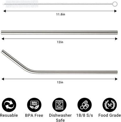 6 Pack Stainless Steel Straw Replacement for Stanley 40 oz 30 oz Tumbler,3 Straight + 3 Curved BPA Free Reusable Metal Straws with Cleaning Brush, 12Inch Long Drinking Reusable Accessories