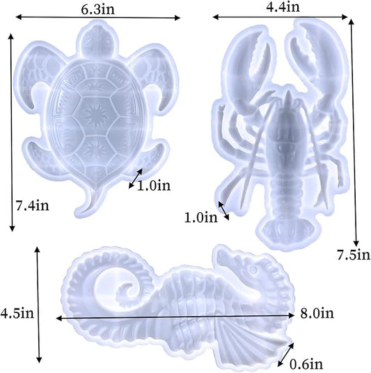 3PCS Silicone Molds for Epoxy Resin, Sea Turtle Seahorse Lobster Resin Mold Large Epoxy Resin Casting Mold Unique Marine Animal Mould DIY Resin Concrete Art Crafts Halloween Home Decoration