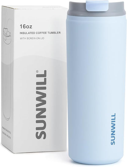 SUNWILL Travel Coffee Mug with Lid, Leak Proof Tumbler Stainless Steel, 16 oz Insulated Cup for Water, Tea, Ice, Powder Coated Iceberg