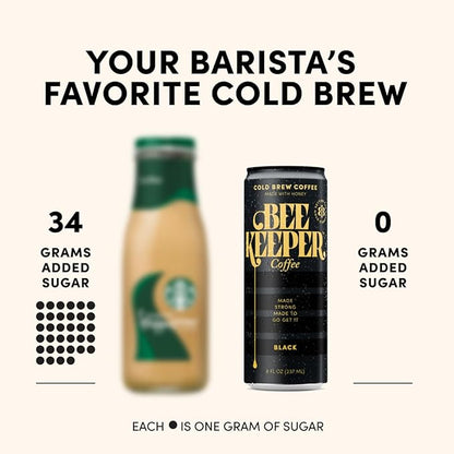 Beekeeper Coffee Black Cold Brew with Oregon Honey, 8 fl oz cans (Pack of 12), Ready-to-Drink, 180mg Natural Caffeine