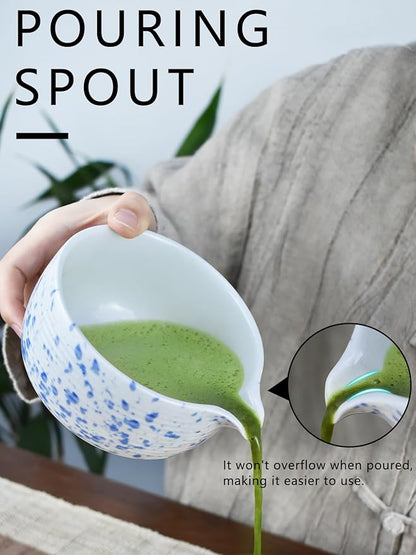 Artcome Matcha Tea Set - Ceramic Matcha Bowl with Pouring Spout, Bamboo Whisk, Whisk Holder, Tea Scoop & Matcha Manual - Complete Traditional Japanese Tea Ceremony Kit for Home, Office, or Gift, Blue