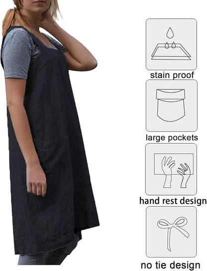 ZQFFB Pinafore Cross Back Apron for Women with Pockets Japanese Smock for Work Gardening Cooking Painting Baking