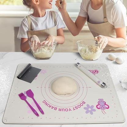 Silicone Baking Mat Set | Non-Stick Dough Rolling Pastry with Rolling Pin for Cookie Pie Crust Pizza Bread | Extra Large Dough Mat | Silicone Pastry Mat Kit Extra Thick with accessories