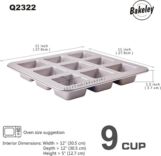 Brownie Cake Pan, 9-Cavity Non-Stick Square Muffin Pan Blondie Bakeware for Oven Baking (Champagne Gold)