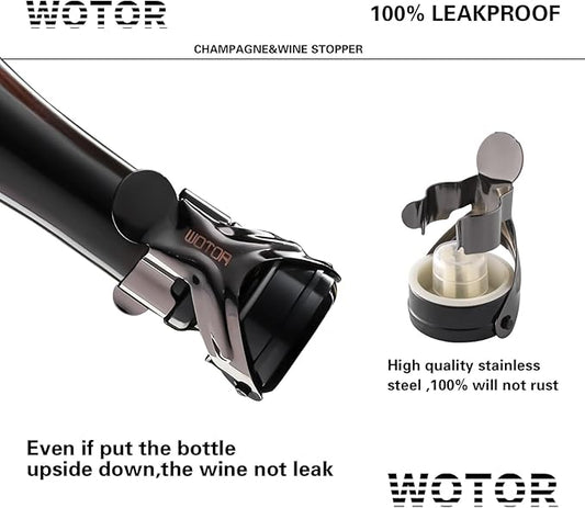 WOTOR Champagne&Wine Bottle Stoppers Stainless Steel with Food Grade Silicone, Leak Proof Keep Fresh Reusable Saver, Cork Suitable for Wine, Champagne, Cava, Prosecco and Sparkling (12 Pack Black）