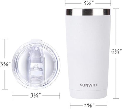 SUNWILL Travel Coffee Tumbler 20 oz, Insulated Mug with Lid, Stainless Steel Cup for Hot and Cold Drinks, Powder Coated White
