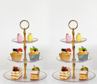 2 Pack of Dessert Cupcake Stand with Gold Trim, 3 Tier Cup Cake Holder Tower for Tea Party, Birthday, Wedding, Plastic Tiered Serving Tray, Clear
