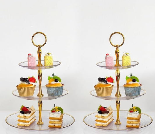 2 Pack of Dessert Cupcake Stand with Gold Trim, 3 Tier Cup Cake Holder Tower for Tea Party, Birthday, Wedding, Plastic Tiered Serving Tray, Clear