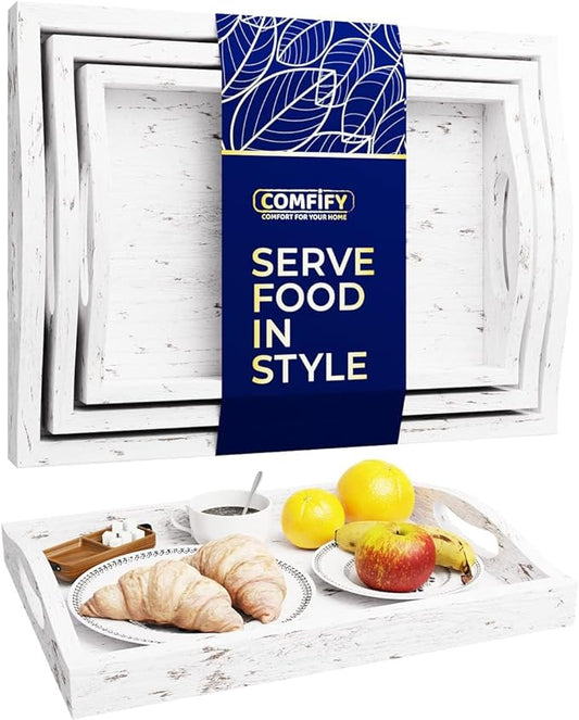 Serving Trays Set of 3 - Ottoman Wood Trays for Entertainment, Food and Decor - Rustic Farmhouse Distressed Wood Finish - Solid White