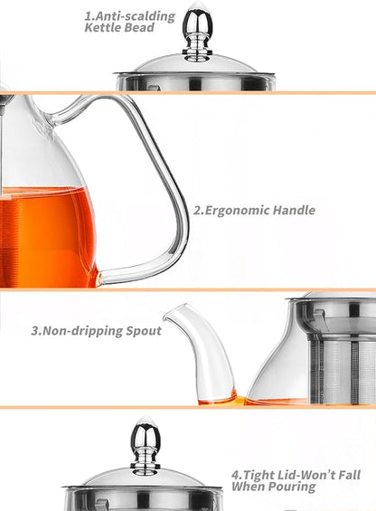 TETWIN Glass Teapot Including 6 Blooming Flower Tea Balls, Stovetop Safe Tea Pot with Removable Infuser for Loose Leaf Tea, 1000ml / 33.8oz