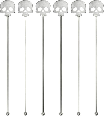 6Pcs Skull Swizzle Sticks 8.7inch Coffee Stirrers Reuseable 18/10(304) Stainless Steel Beverage Cocktail Stirrer for Bar Halloween Party Mixing Drinks