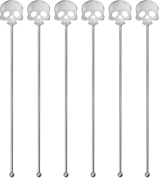 6Pcs Skull Swizzle Sticks 8.7inch Coffee Stirrers Reuseable 18/10(304) Stainless Steel Beverage Cocktail Stirrer for Bar Halloween Party Mixing Drinks