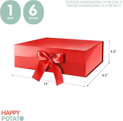 HAPPY POTATO Large Christmas Gift Box with Lid and Ribbon 13.5x9x4.1 Inches, Bridesmaid Proposal Box, Red Gift Box for presents (Glossy Red)