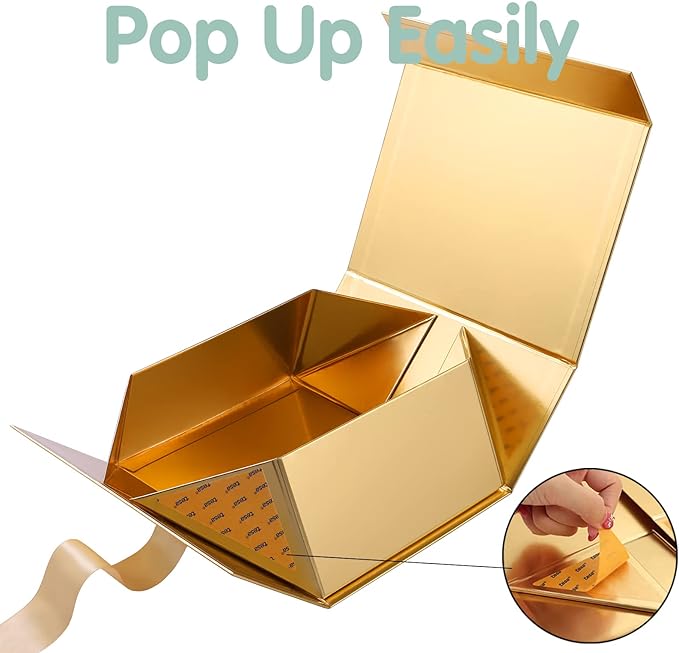 HAPPY POTATO 5 Christmas Gift Boxes with Ribbon 9x6.5x3.8 Inches, Gold Gift Boxes with Lids, Collapsible Boxes, Magnetic Closure Boxes for all occasion (Glossy Gold, Pack of 5)