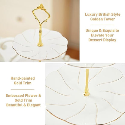 DUJUST 2pcs Porcelain 3-Tier Cupcake Stand Tower, British Style Serving Tray with Golden Trim, Food Grade Dessert Display Stand, Beautiful Gift for Tea Party & Home Décor