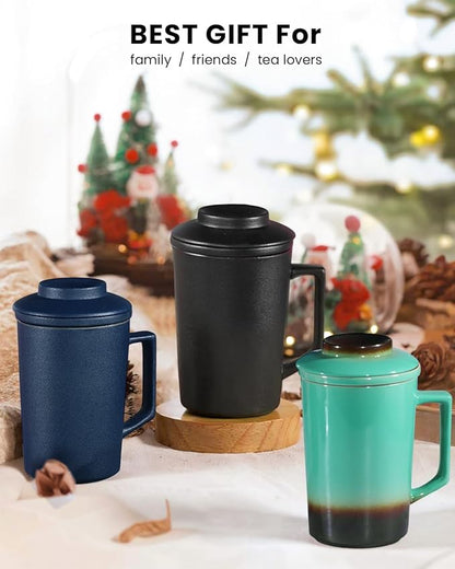 15 OZ Porcelain Tea Infuser Cup with Lid,Ceramic Tea Mug with All-Porcelain Strainers for Loose Leaf Teas,Microwave and Dishwasher Safe Coffee Mug,Metal-Free,BPA-Free,Gifts for Tea-Lover (Blue)