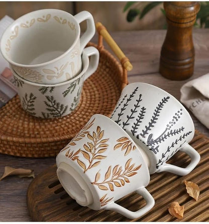 Ceramic Mug Set of 1 With Gold Spoon, 11oz - Vintage Coffee Mug, Pottery Cups for Milk, Latte, Cappuccino, Tea - Porcelain Dishwasher, Microwave Safe Stoneware 1 PCS Brown Leaf Cup