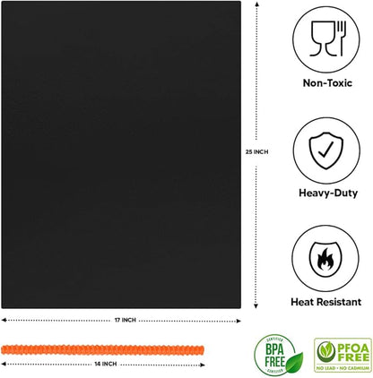 Oven Liners for Bottom of Oven Black (4-pack) Bundled with Rack Shield (4-pack) - Large Mat for Bottom of Range (17"x 25") and 14" Orange Stove Guards for Racks - Reusable & Heat Resistant