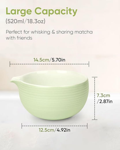 Traditional Matcha Bowl with Spout, Ceramic Matcha Tea Bowl (Chawan), Matcha Mixing Bowl for Whisking Matcha, Light Green (18 Ounce)