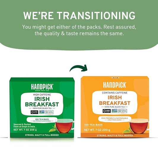 HANDPICK, Irish Breakfast Black Tea Bags (100 Count) Gluten-Free, Non-GMO | Strong, Robust & Bold Flavor | Round Eco-Conscious Tea Bags