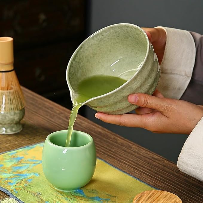 6-Piece Matcha Whisk Set, Japanese Bamboo Chasen, Scoop & Sifter, Traditional Ceremonial Kit with Ceramic Bowl, Whisk Holder Stand, Chakin Cloth (Ceramic glaze blue)