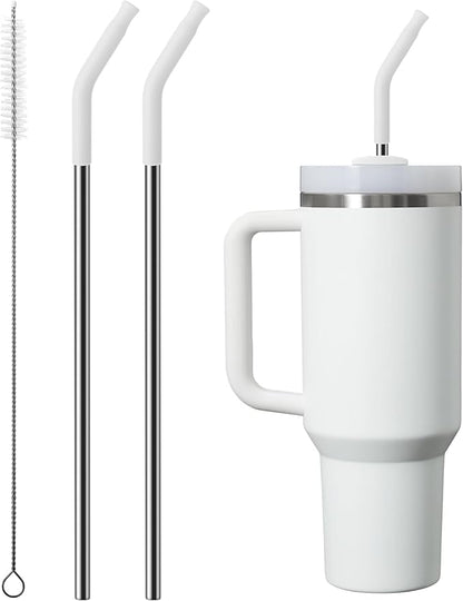 Repeatable Metal Straw with Silicone Tips for 30 oz Stanley Tumbler, 2 Pcs 30 oz Stainless Steel Straws Replacement for Stanley Tumbler, 1 Straw Brush, BPA Free（White）