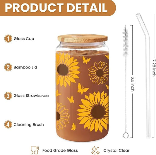 Sunflower Gifts for Women - Sunflower Cup 16 Oz Can Glass Coffee Cups with Bamboo Lid and Straw - Gift for Birthday