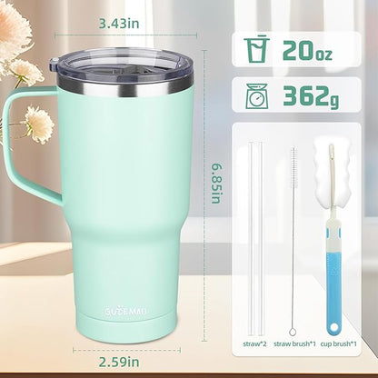 20 oz Insulated Coffee Mug with Ceramic Coating, Stainless Steel Travel Mug Tumbler with Handle Lid and Straw, Double Wall Leak-Proof Coffee Travel Mug Keeps Drink Hot and Cold (Green)