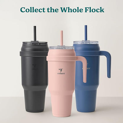 REDUCE 50 oz Stainless Steel Tumbler with Handle - Dual-Wall Vacuum Insulated Travel Mug, Sweat-Proof Lid & Reusable Straw - Keeps Drinks Cold for 24 Hrs, Fits Cupholders, Dishwasher Safe - Pink Clay
