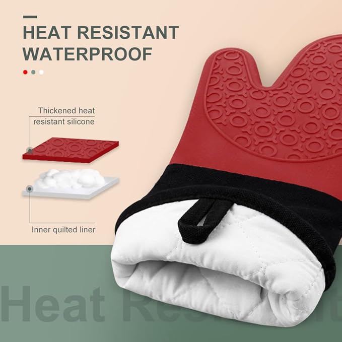 sungwoo Extra Long Silicone Oven Mitts, Heat Resistant Oven Gloves with Quilted Liner Non-Slip Textured Grip Perfect for BBQ, Baking, Cooking and Grilling - 1 Pair 14.6 Inch Red & Black