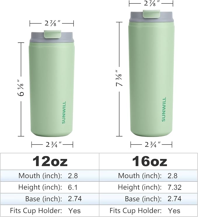 SUNWILL Travel Coffee Mug with Lid, Stainless Steel Coffee Tumbler Cups 16 oz Leakproof, Powder Coated Matcha
