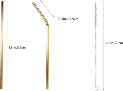 10 Pcs Stainless Steel Straws, Reusable Drinking Straws, 5 Straight + 5 Bent Metal Straws Set With 2 Pcs Cleaning Brushes (Gold, 8.5 Inch)