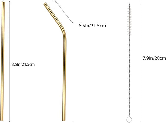10 Pcs Stainless Steel Straws, Reusable Drinking Straws, 5 Straight + 5 Bent Metal Straws Set With 2 Pcs Cleaning Brushes (Gold, 8.5 Inch)