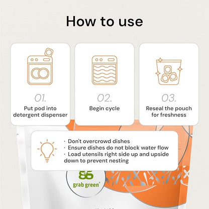 Grab Green Automatic Dishwashing Detergent Pods, 60 Count, Fragrance Free, Plant and Mineral Based, Superior Cleaning, Powerful Grease Removal, Brilliant Shine