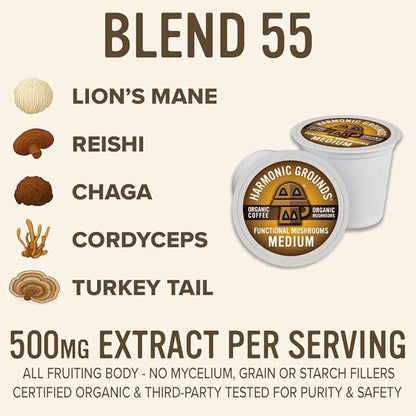 Harmonic Grounds Organic Mushroom Coffee Pods - Medium Roast Coffee with Lion's Mane, Reishi, Chaga, Cordyceps & Turkey Tail - Compatible with Keurig K-Cup Brewers - 34 Count